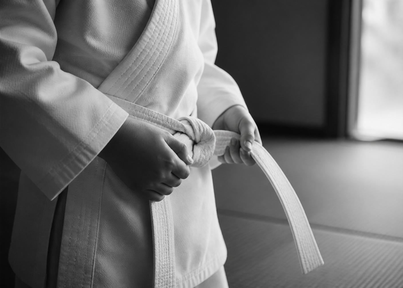 Cinturón de artes marciales atado con manos, símbolo del compromiso en Club Juche